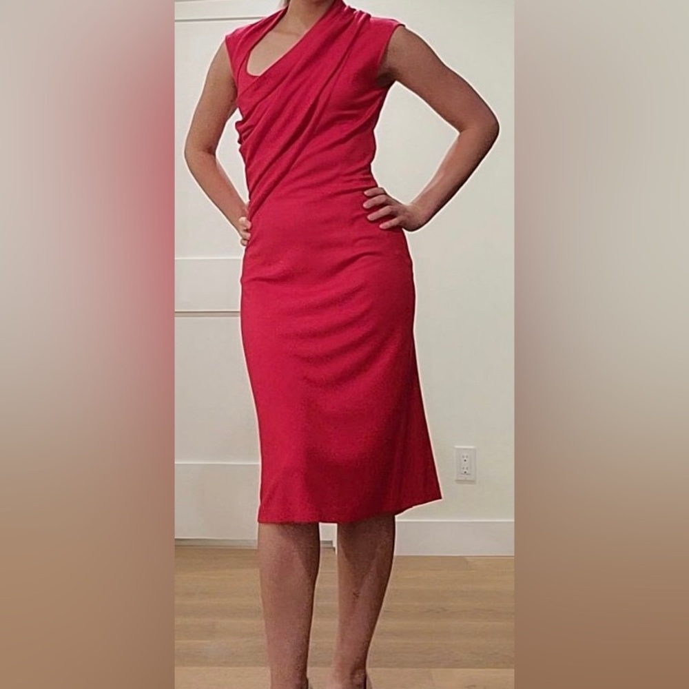 Oscar De La Renta red dress size 4 cap sleeve asymmetric